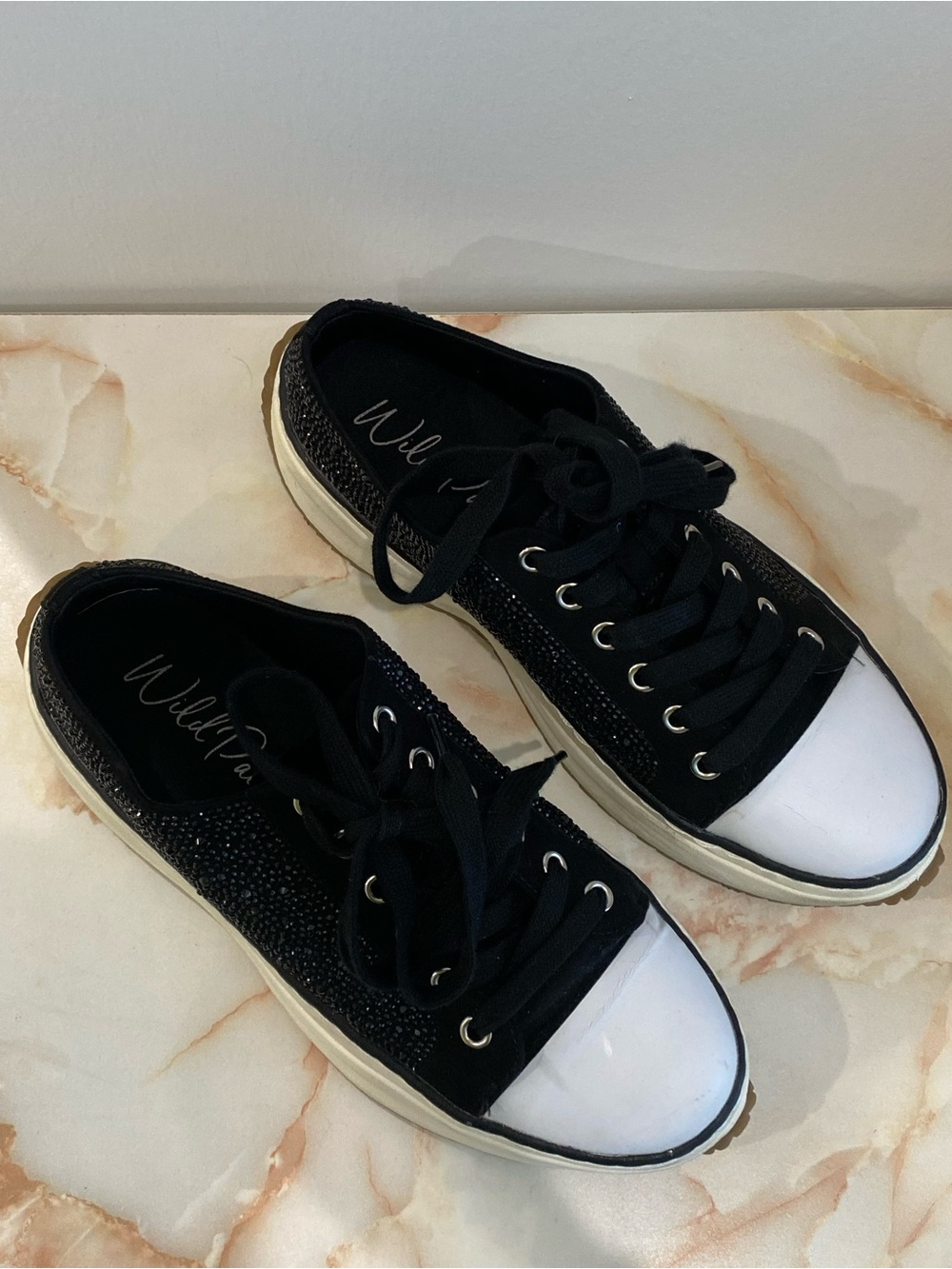 Wild Pair Black and White Low-Top Sparkle Lace-Up Sneakers